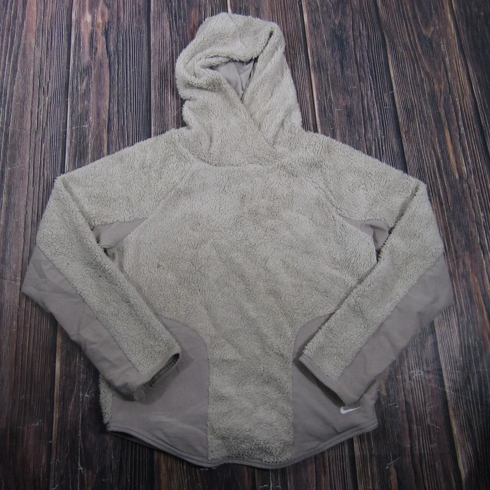 Nike Jacket Mens XS‎ Beige Hooded Lined Fleece Pullover Pockets Winter Cozy
